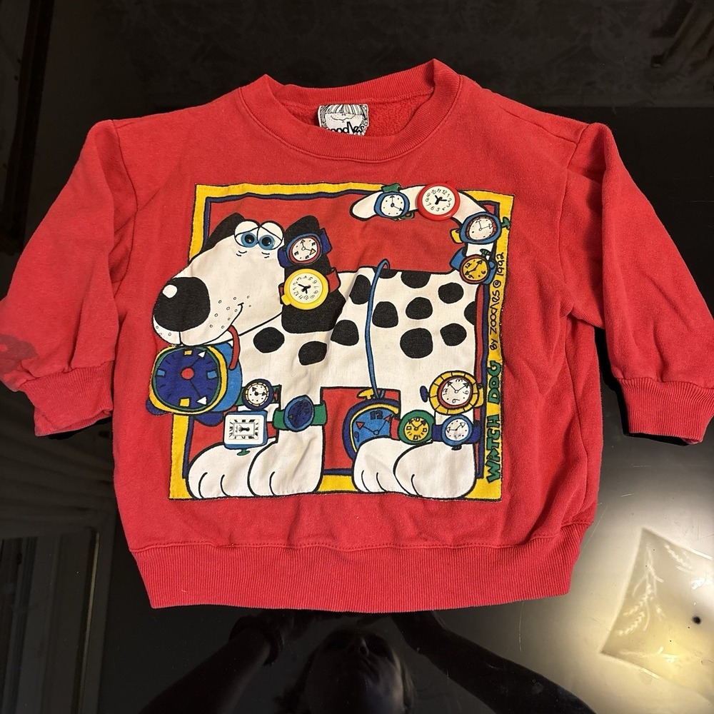 Vintage Zoodles Sweateshirt 1992 Colorful Red Watch‎ Dog Clock 4T - Stain